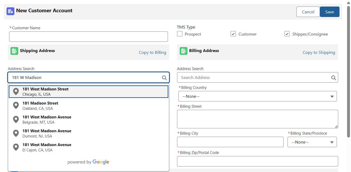 New Customer Account creation highlighting the address validation functionality.